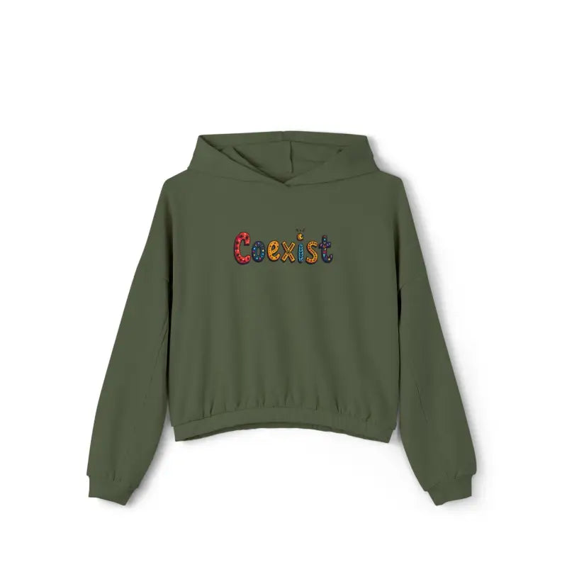 Olive green hoodie featuring Coexist text, part of the Coexist Women’s collection