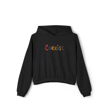 Black hoodie with Coexist text, part of Coexist Women’s cinched bottom hoodie collection