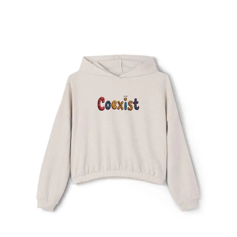 Beige hoodie featuring Coexist text from Coexist Women’s Cinched Bottom Hoodie collection