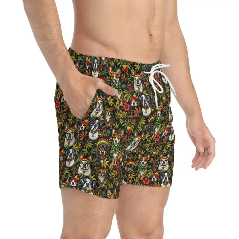 Colorful dog print patterned swim trunks displayed for summer beachwear