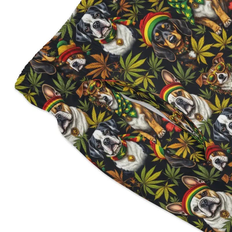 Dog and cannabis leaf patterned fabric on colorful swim trunks for dog lovers