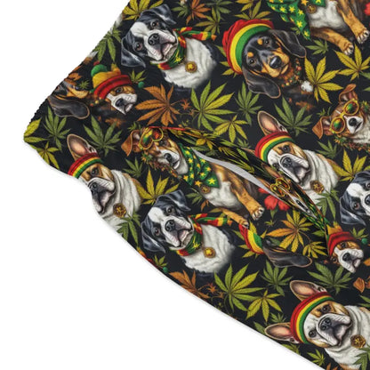 Dog and cannabis leaf patterned fabric on colorful swim trunks for dog lovers
