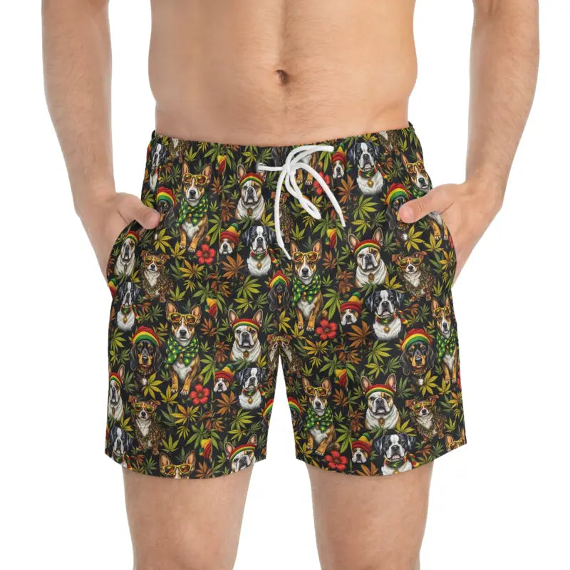Colorful dog print patterned swim trunks for fun summer wear for dog lovers
