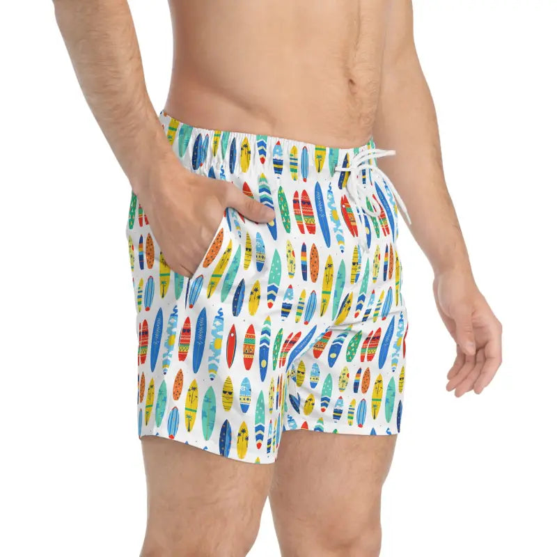 Colorful surfboard print swim trunks for beach lovers displayed in the product image