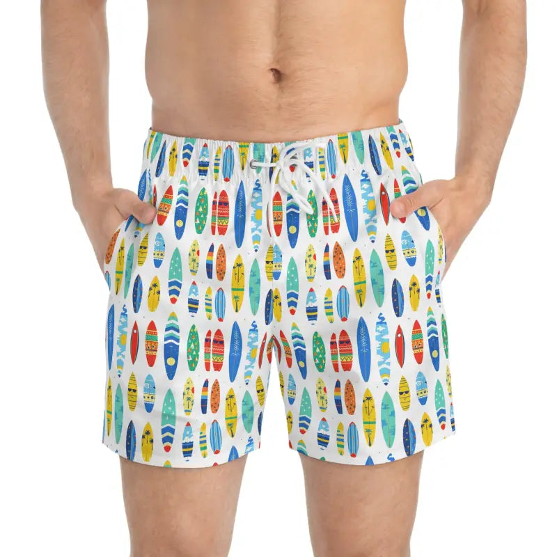 Men’s swim trunks featuring a colorful surfboard pattern for beach lovers