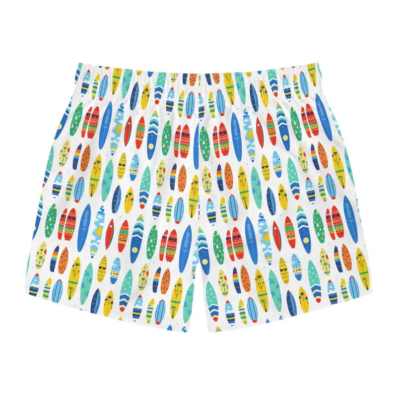 Colorful surfboard pattern swim trunks for beach lovers with vibrant design