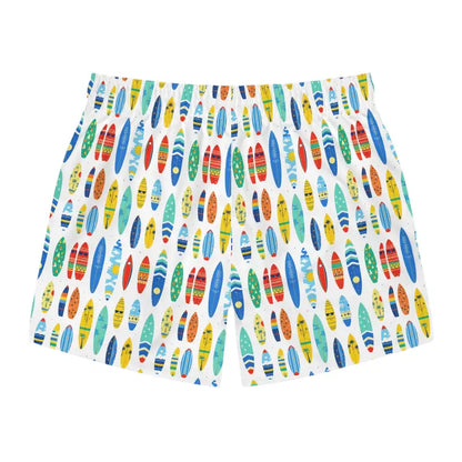 Colorful surfboard pattern swim trunks for beach lovers with vibrant design