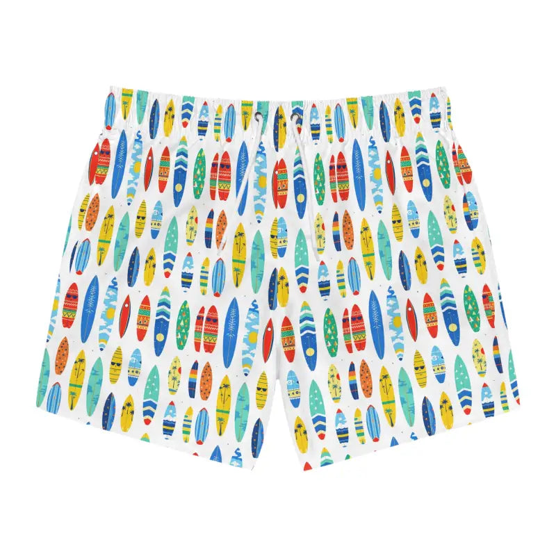 White swim trunks with colorful surfboard pattern for beach lovers