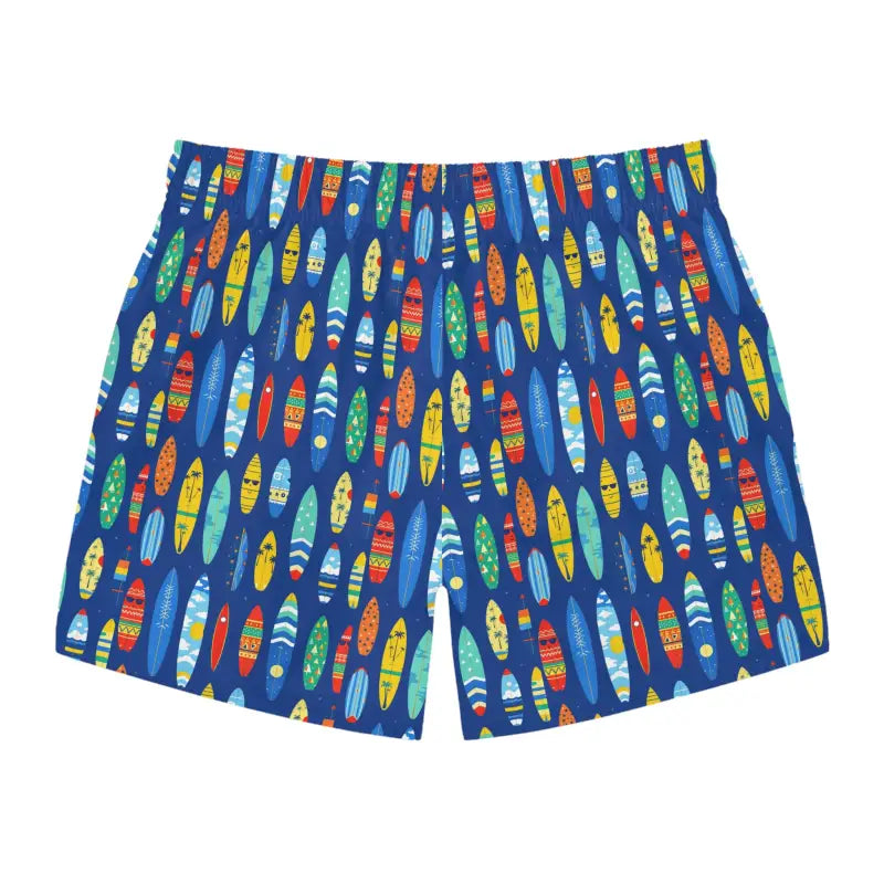 Blue swim trunks with a surfboard pattern for beach days and summer fun