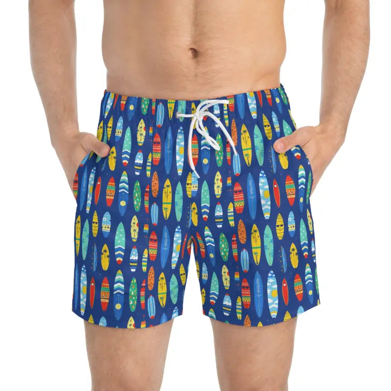 Men’s blue surfboard-patterned swim trunks for beach days and summer fun