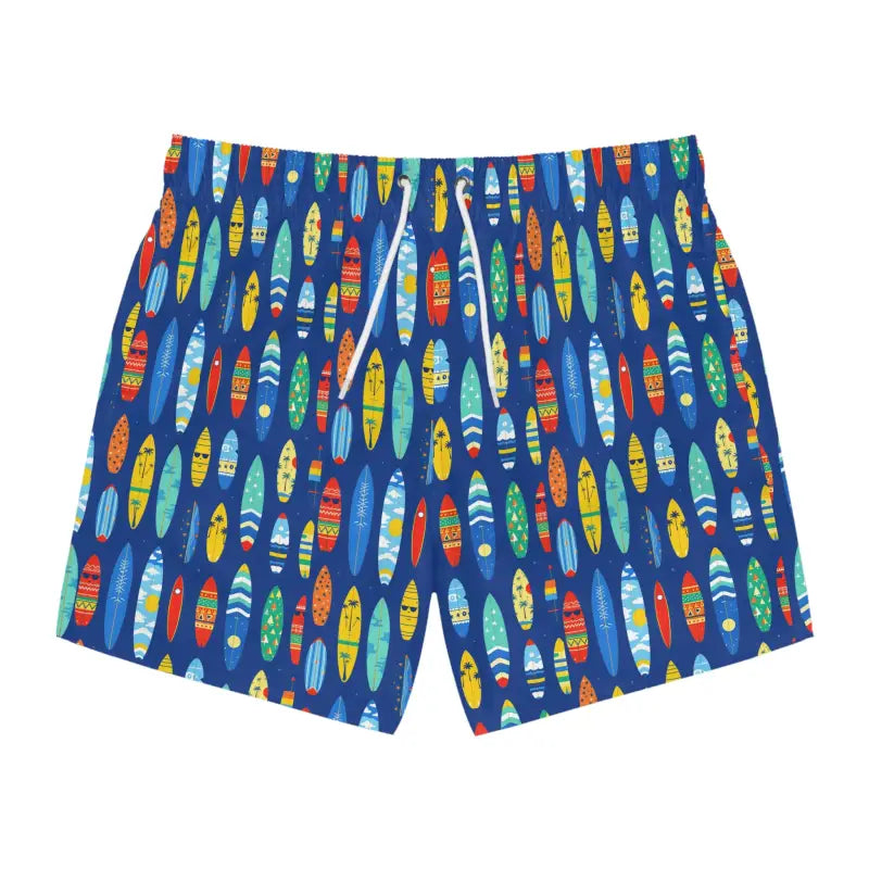 Blue swim trunks with surfboard pattern for beach and summer activities