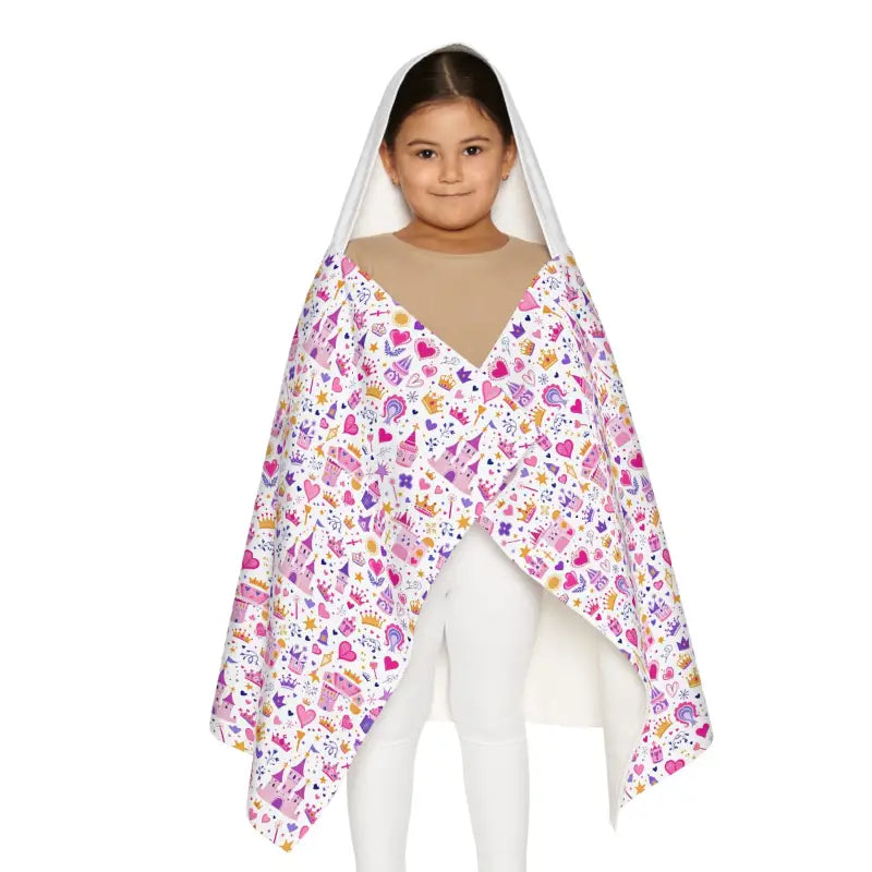 Girl in hooded princess towel, showcasing Colorful Youth Hooded Towel for Kids