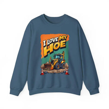 Blue sweatshirt featuring construction vehicle graphic for backhoe joke gift