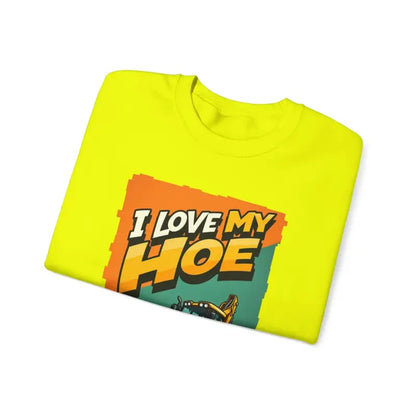 Folded yellow t-shirt with I Love My Hoe graphic for Construction Vehicle Crewneck Sweatshirt