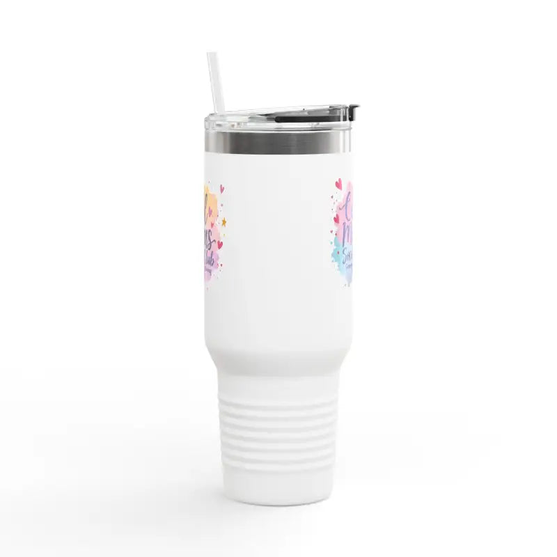 White insulated tumbler with straw from Cool Moms Social Club 40oz Insulated Travel Mug