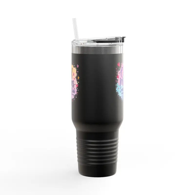 Black insulated tumbler with straw from the Cool Moms Social Club 40oz Insulated Travel Mug