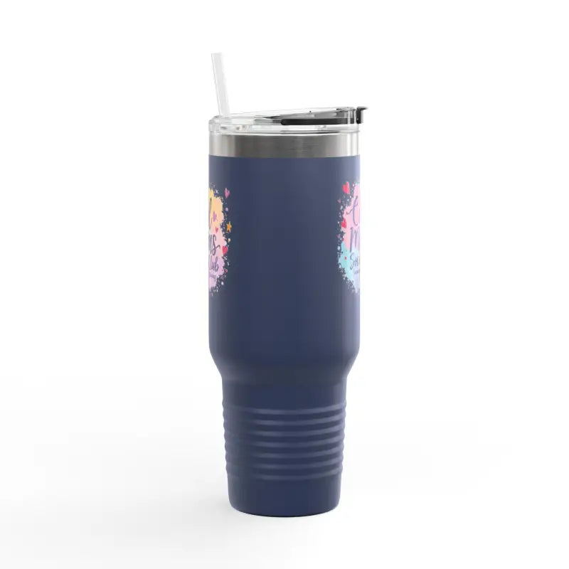 Navy blue tumbler with straw featured in Cool Moms Social Club 40oz Insulated Travel Mug