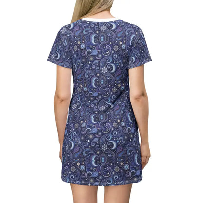 Blue paisley print T-shirt dress from Cosmic Paisley collection offering stylish comfort
