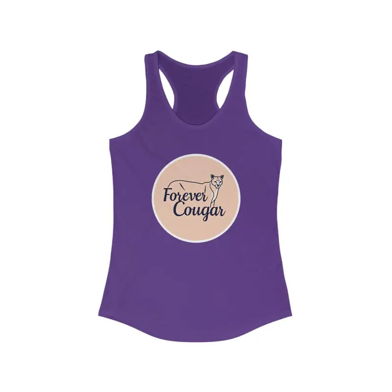 Purple tank top featuring Forever Cougar design for active women’s lifestyle