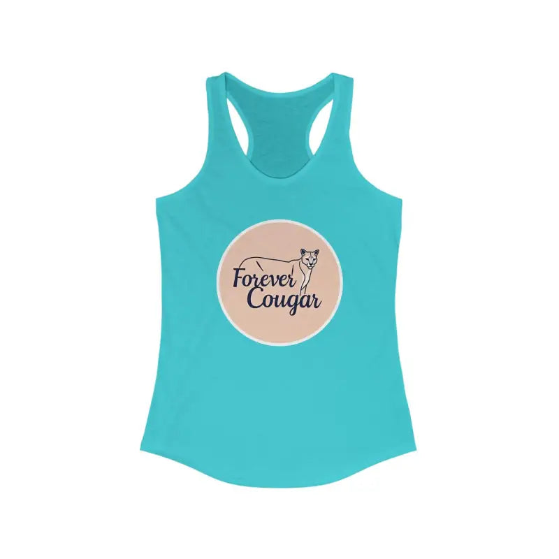 Turquoise racerback tank top featuring Forever Cougar design for active women