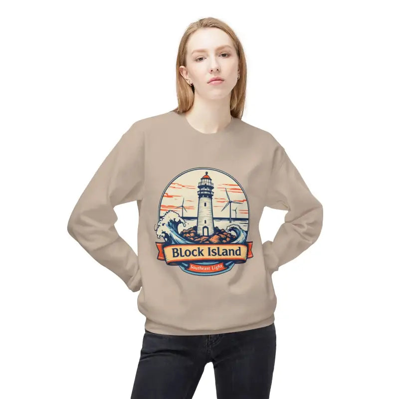 Beige unisex crewneck sweatshirt featuring Block Island Lighthouse graphic design