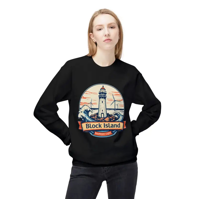 Black unisex crewneck sweatshirt featuring a Block Island lighthouse graphic design