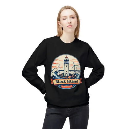 Black unisex crewneck sweatshirt featuring a Block Island lighthouse graphic design