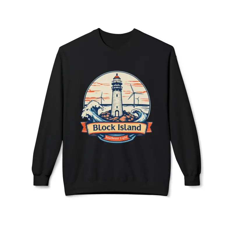 Black unisex crewneck sweatshirt featuring a Block Island lighthouse graphic