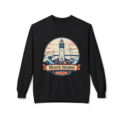 Black unisex crewneck sweatshirt featuring a Block Island lighthouse graphic