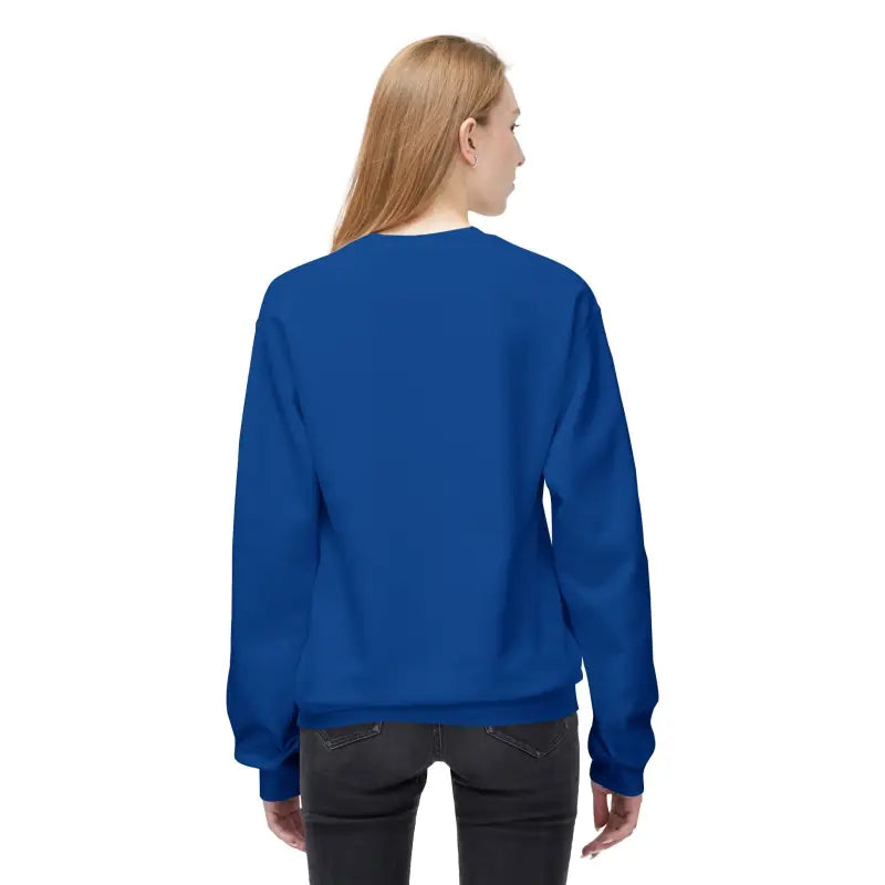 Blue crewneck sweatshirt featuring Cozy Block Island Lighthouse design for unisex wear