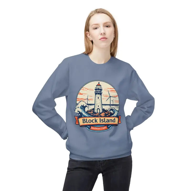Blue unisex crewneck sweatshirt featuring a Block Island lighthouse graphic