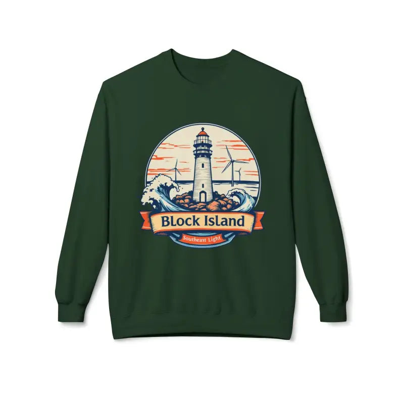 Green unisex crewneck sweatshirt featuring a Block Island lighthouse graphic design