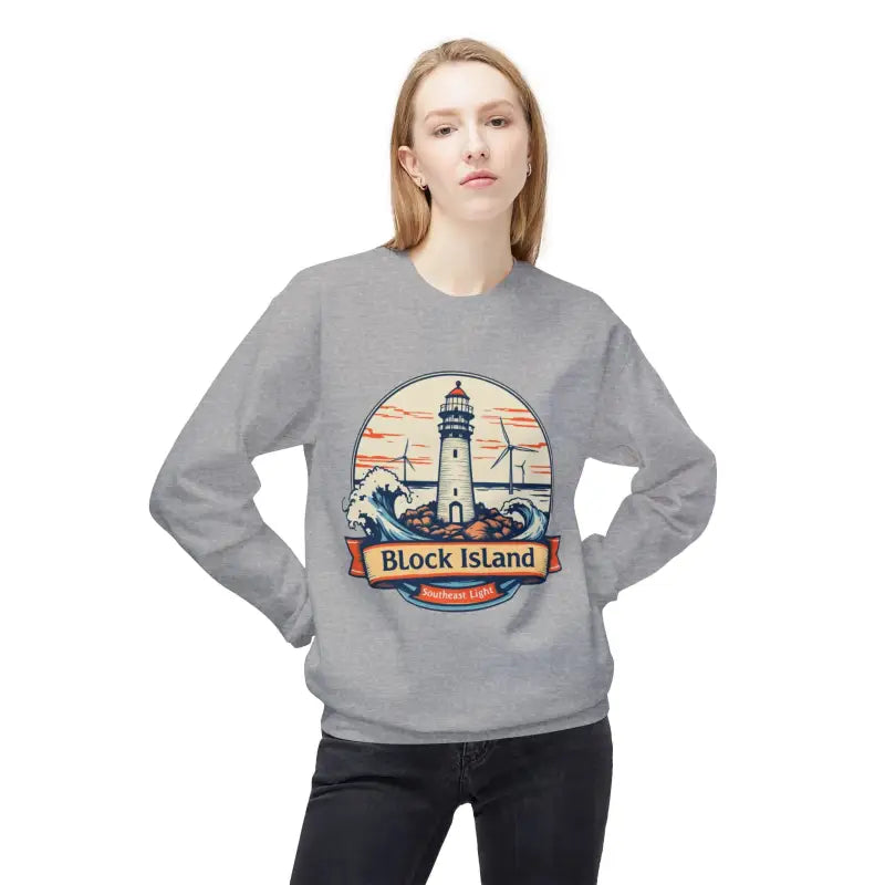 Gray unisex crewneck sweatshirt featuring a Block Island lighthouse design