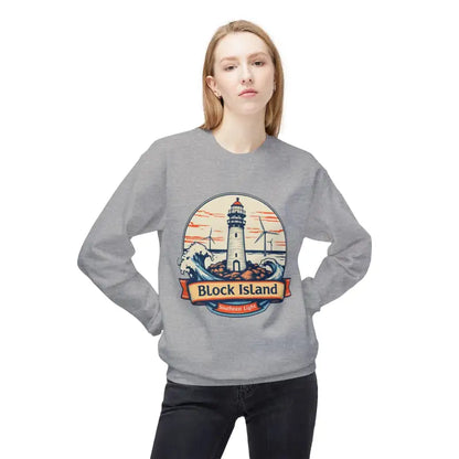 Gray unisex crewneck sweatshirt featuring a Block Island lighthouse design