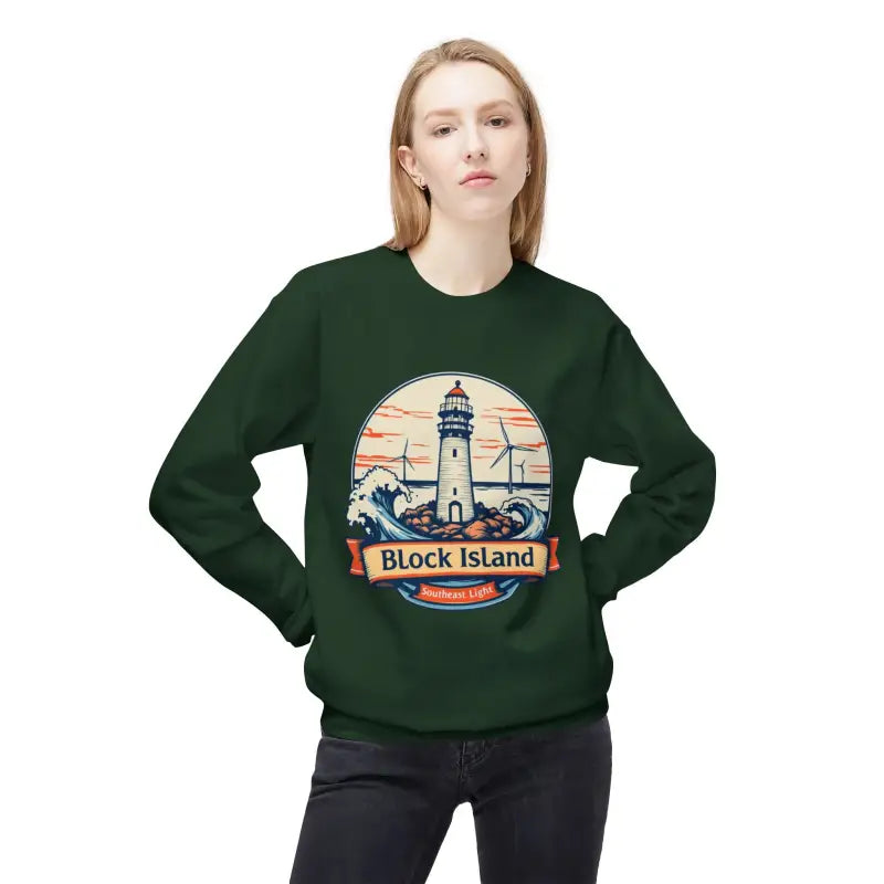 Green sweatshirt featuring a lighthouse graphic from the Cozy Block Island collection