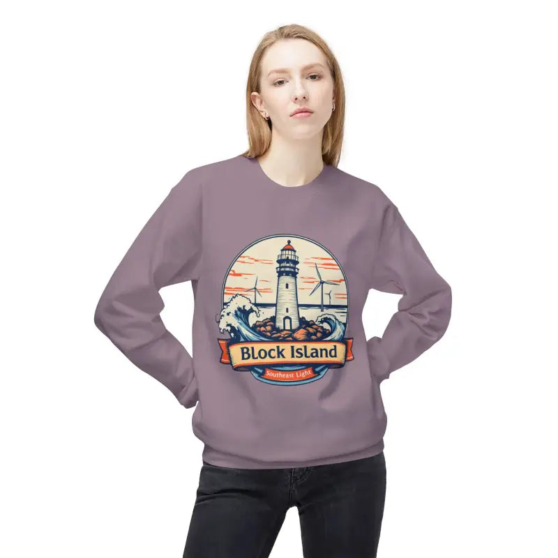 Lavender sweatshirt featuring Block Island lighthouse graphic, unisex crewneck design