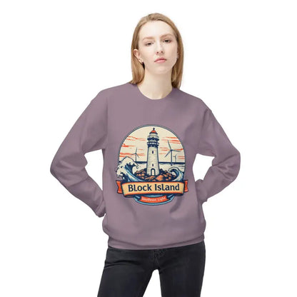 Lavender sweatshirt featuring Block Island lighthouse graphic, unisex crewneck design