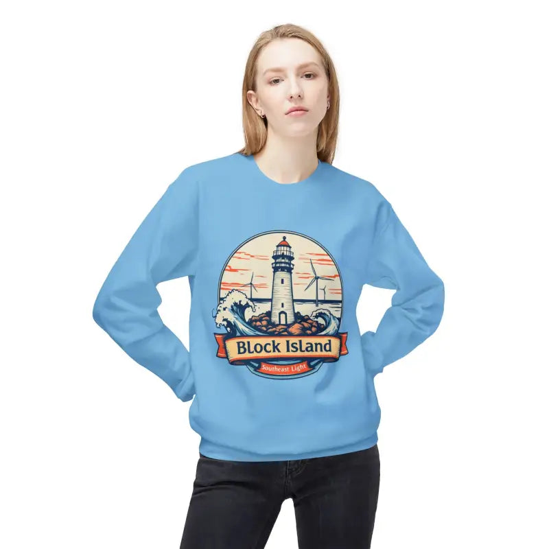 Light blue unisex crewneck sweatshirt featuring a lighthouse graphic from Block Island