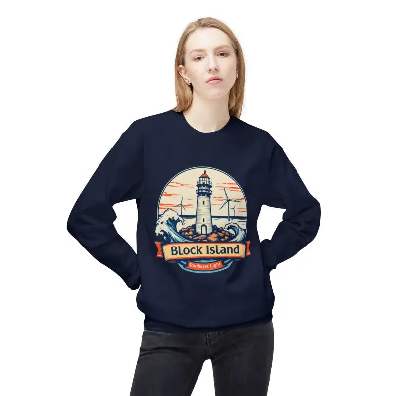 Navy blue unisex crewneck sweatshirt featuring Block Island lighthouse graphic