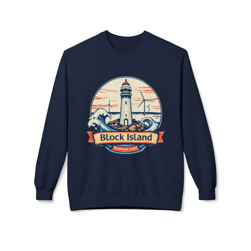 Navy blue unisex crewneck sweatshirt featuring Cozy Block Island Lighthouse design