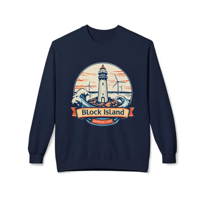 Navy blue unisex crewneck sweatshirt featuring Cozy Block Island Lighthouse design