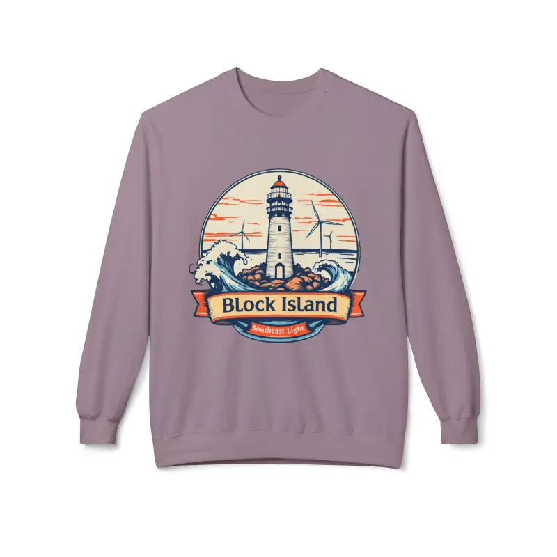 Lavender sweatshirt featuring a lighthouse graphic from Cozy Block Island collection