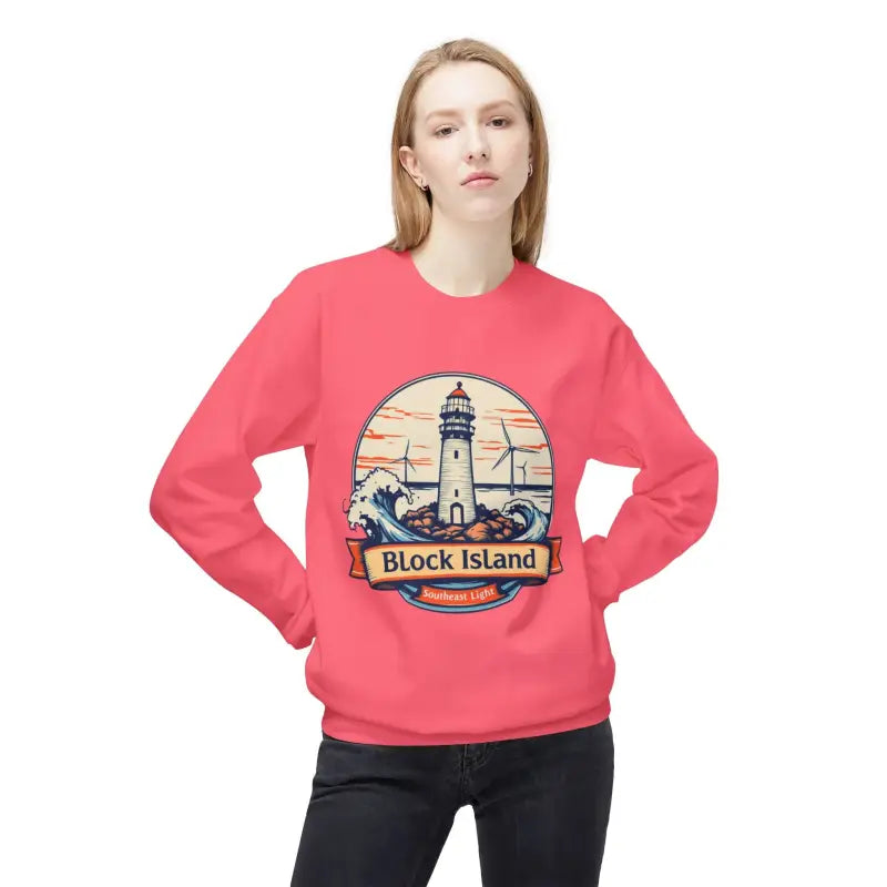 Pink Block Island Lighthouse sweatshirt for men and women, featuring a comfortable crewneck design