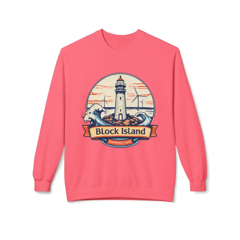 Pink sweatshirt featuring a lighthouse graphic from the Cozy Block Island collection