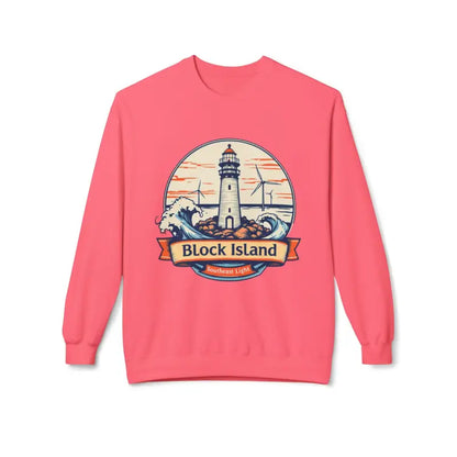 Pink sweatshirt featuring a lighthouse graphic from the Cozy Block Island collection