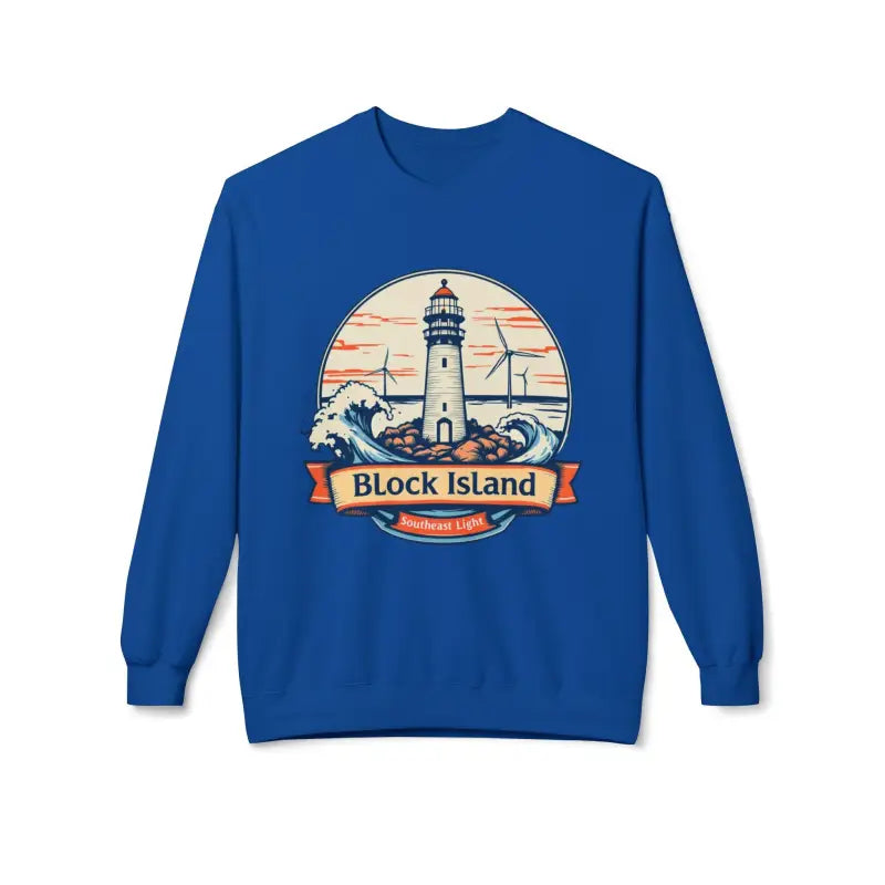 Blue sweatshirt featuring a lighthouse graphic, Cozy Block Island Lighthouse Sweatshirt