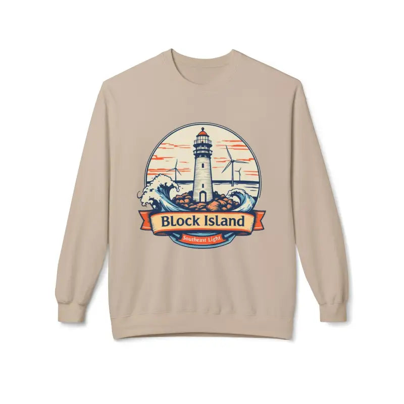 Beige unisex crewneck sweatshirt featuring a lighthouse graphic from Block Island