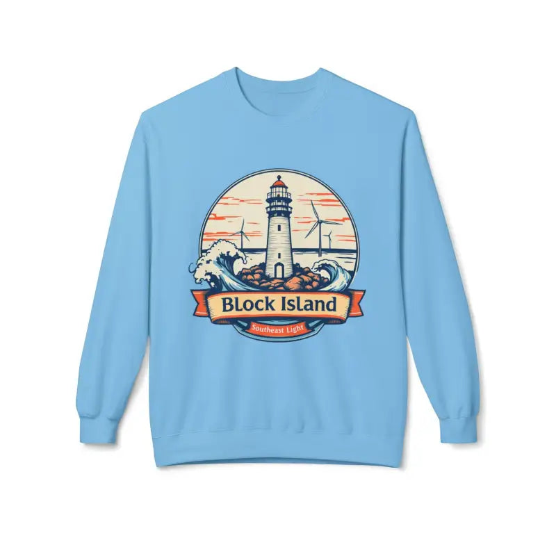 Light blue unisex crewneck sweatshirt featuring a Block Island lighthouse graphic