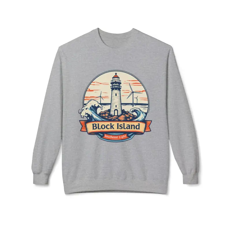 Gray unisex crewneck sweatshirt featuring Block Island lighthouse graphic design