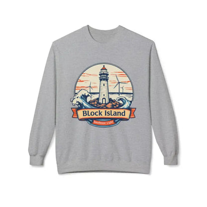 Gray unisex crewneck sweatshirt featuring Block Island lighthouse graphic design
